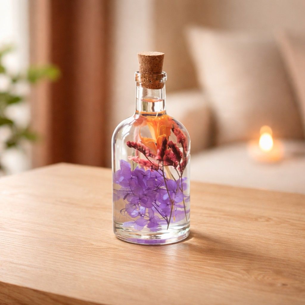 Close-up of Tumultuous Tints Preserved Flower Tabletop by myBageecha – vibrant multicolor preserved blooms in glass bottle.