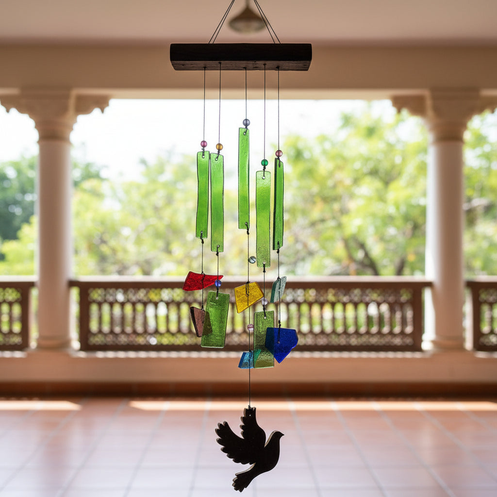 Upcycled Birdie windchime hanging in varandah - myBageecha