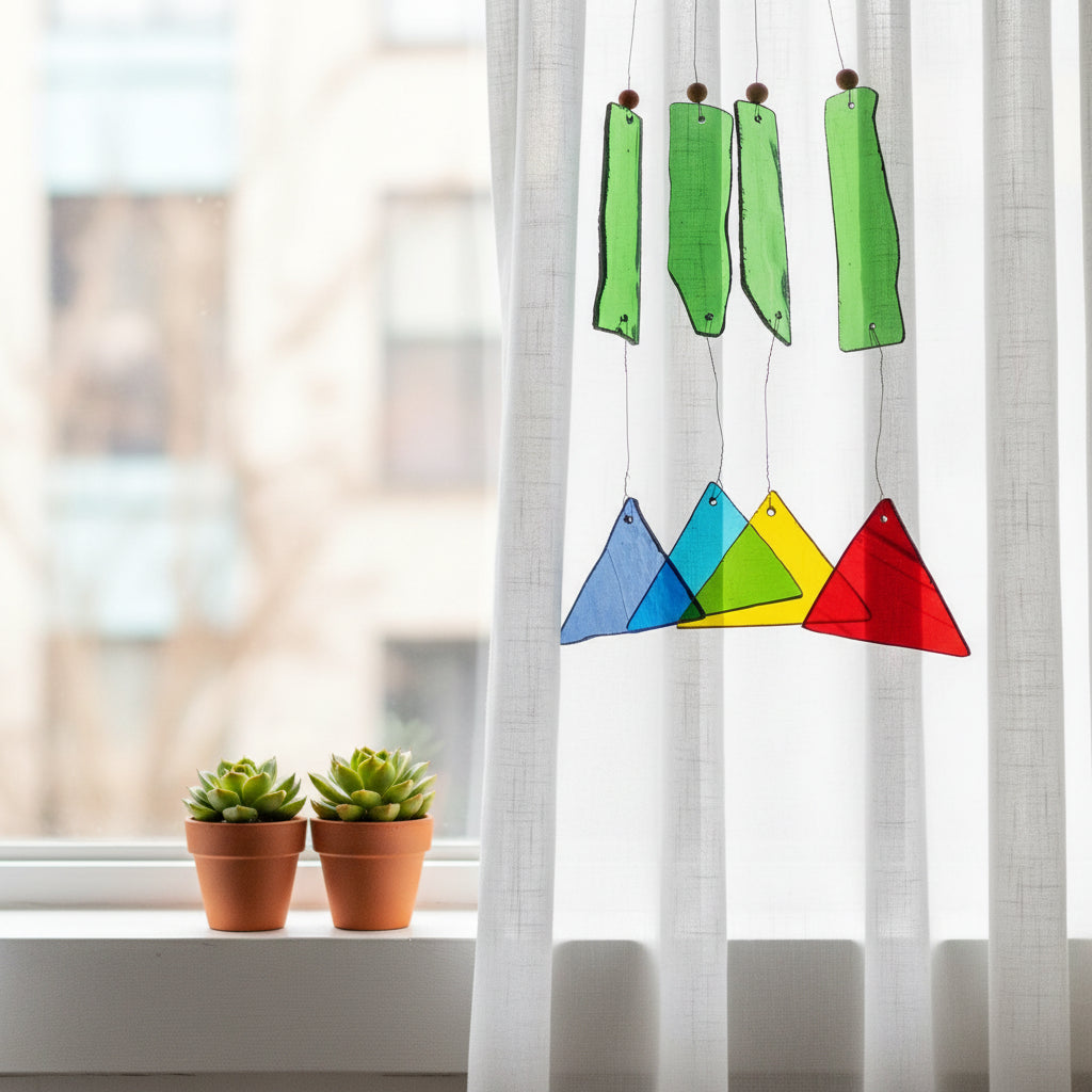 Upcycled Prism Stained Glass Suncatcher Hanging on sheer curtAIN
