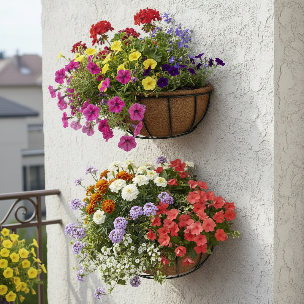 Coir Basket Wall Mounted with colourful flowering plants-Set of 2-myBageecha
