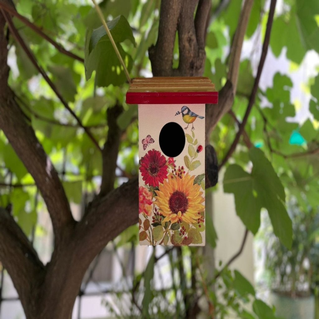 Teak Roof Bird House with Floral Meadows Decor