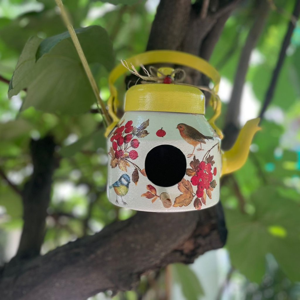 Tea Pot / Kettle Shaped Yellow Hanging Bird House Decor