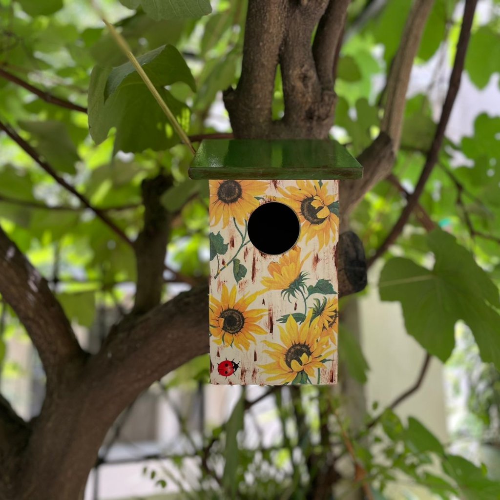 Hand Crafted Solid Wood Bird House With Sunflowers Decor