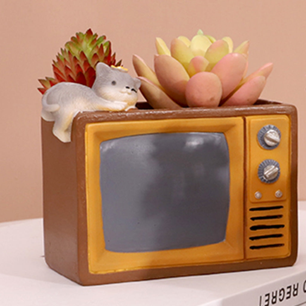 Cute Cat on Retro Tv Resin Succulent Pot