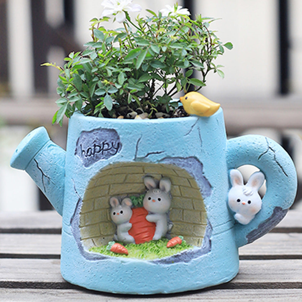 Water Can with Rabbits Resin Succulent Pot