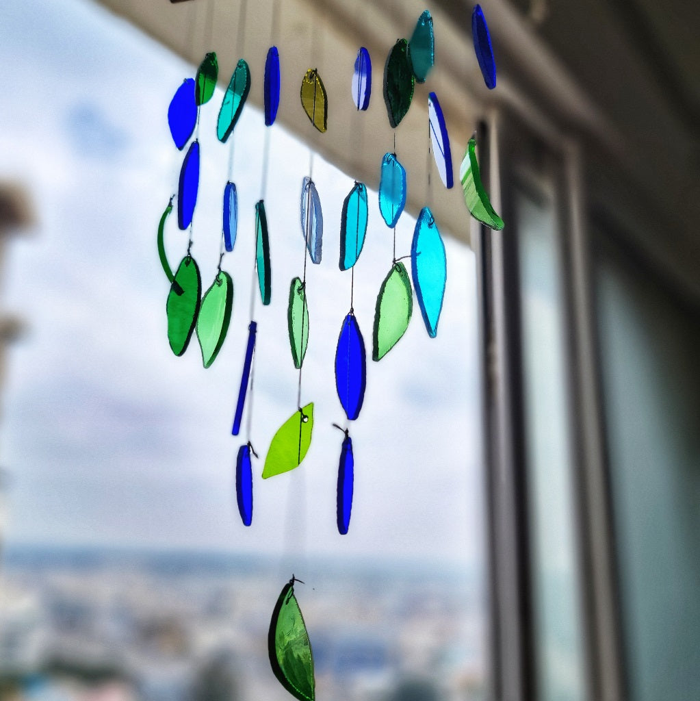 Blue Green Leaf Pyramid Stained Glass Windchime - myBageecha