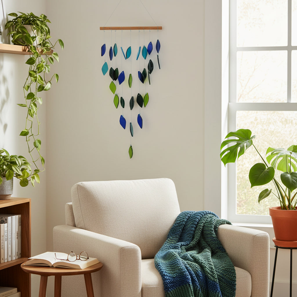Blue Green Leaf Pyramid Stained Glass Windchime - myBageecha