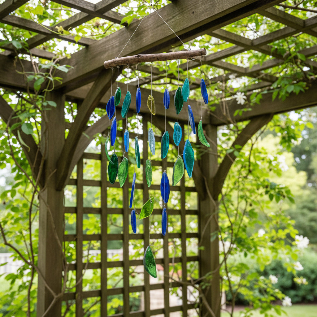Blue Green Leaf Pyramid Stained Glass Windchime - myBageecha