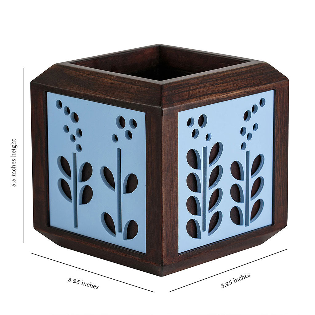 QUBO Serene Blue Flower Handmade Wooden Indoor Planter Pot - myBageecha