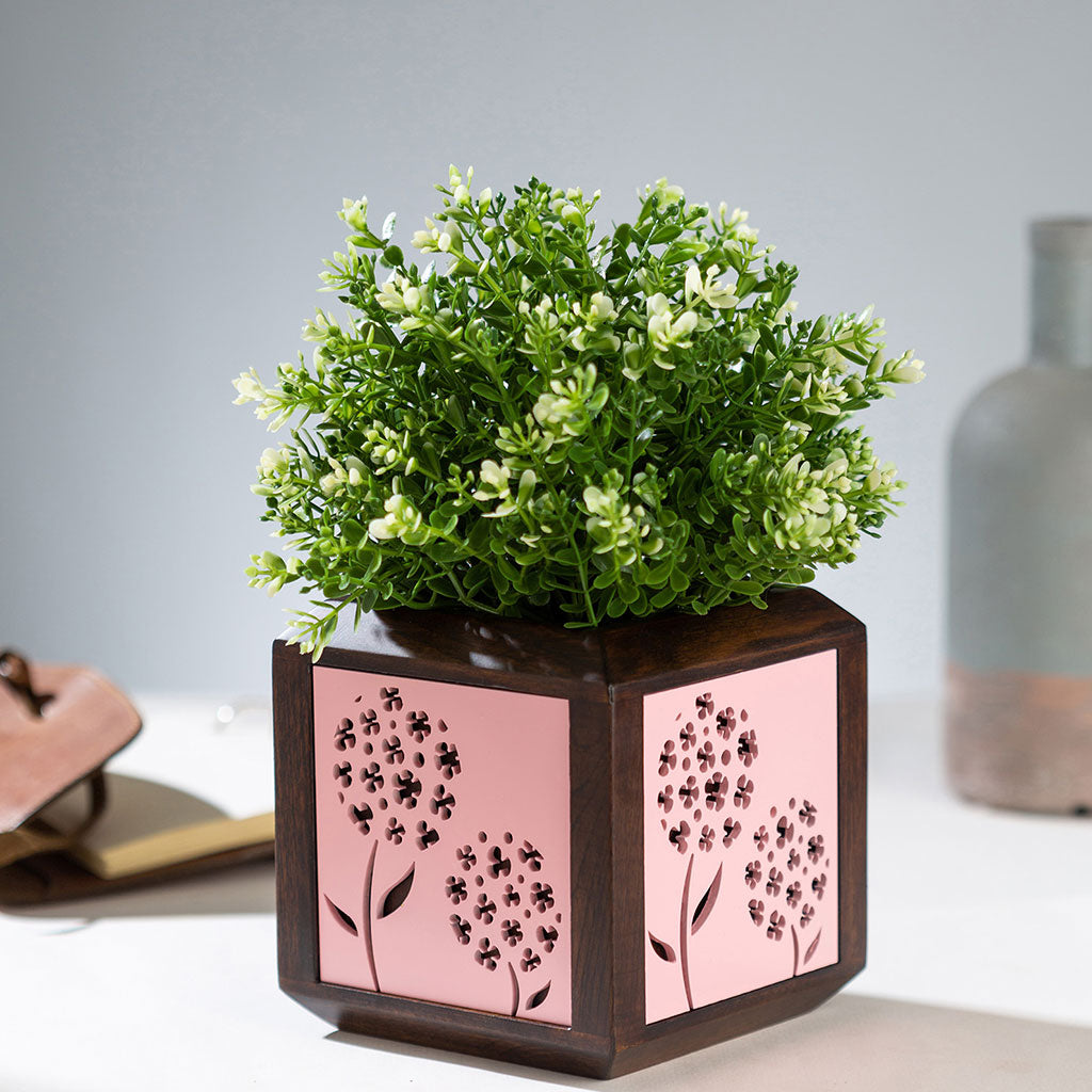 QUBO Pink Foggy Cluster Handmade Wooden Indoor Planter Pot - myBageecha