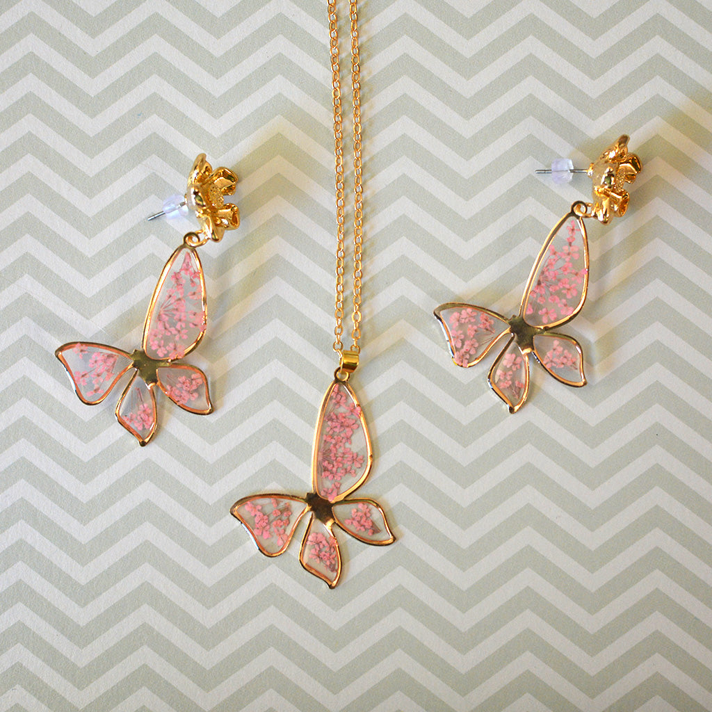 Coral Butterfly Necklace Real Dried Flower Earring Set - myBageecha