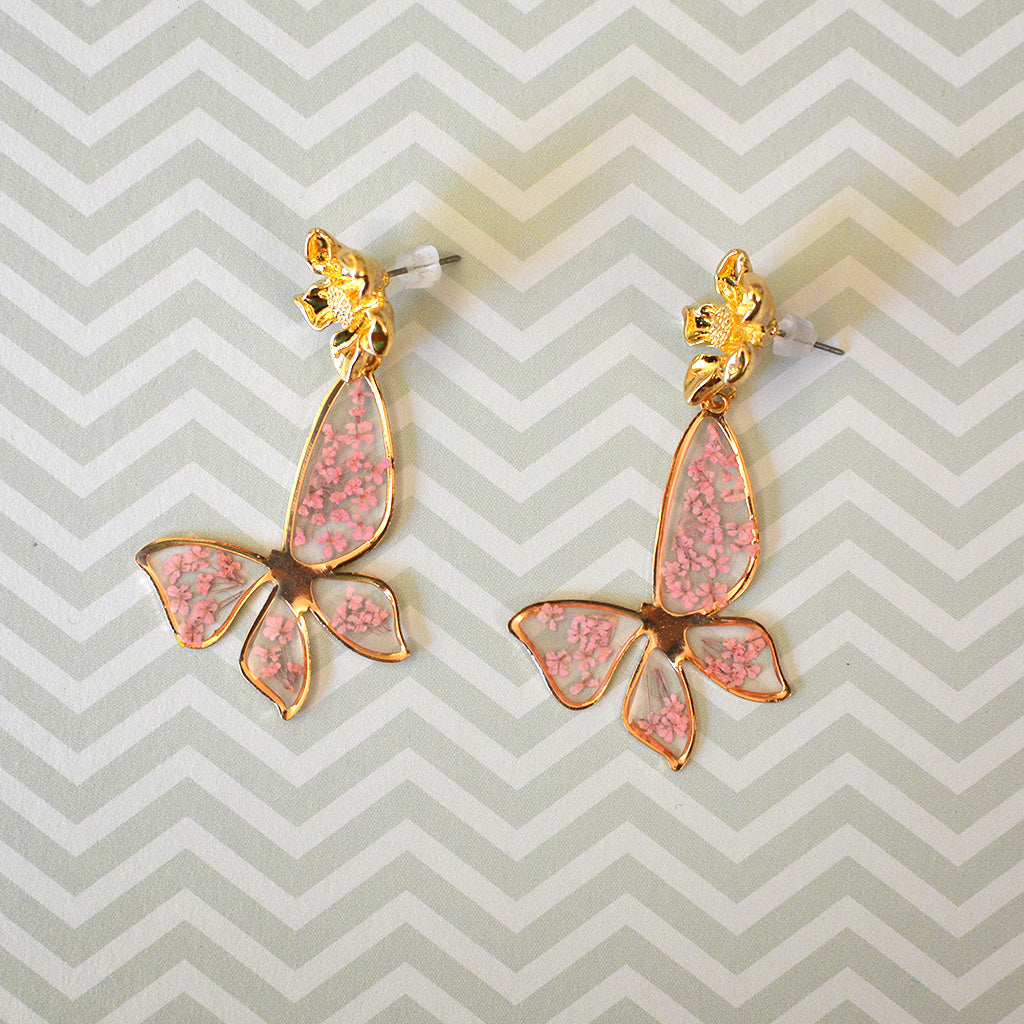 Coral Butterfly Necklace Real Dried Flower Earring Set - myBageecha