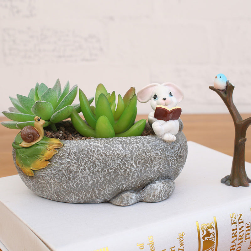 Cute Rabbit Reading Resin Succulent Pot