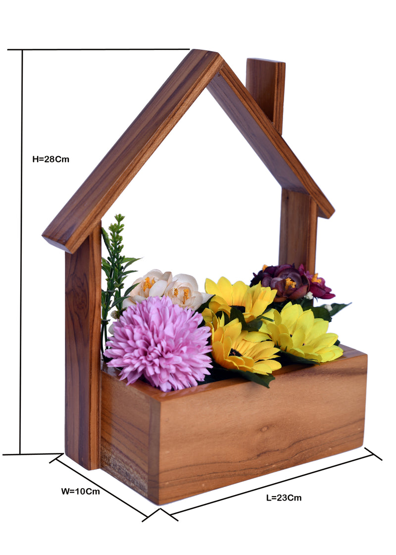 Hut Shaped Wooden Pot with Artificial Flowers