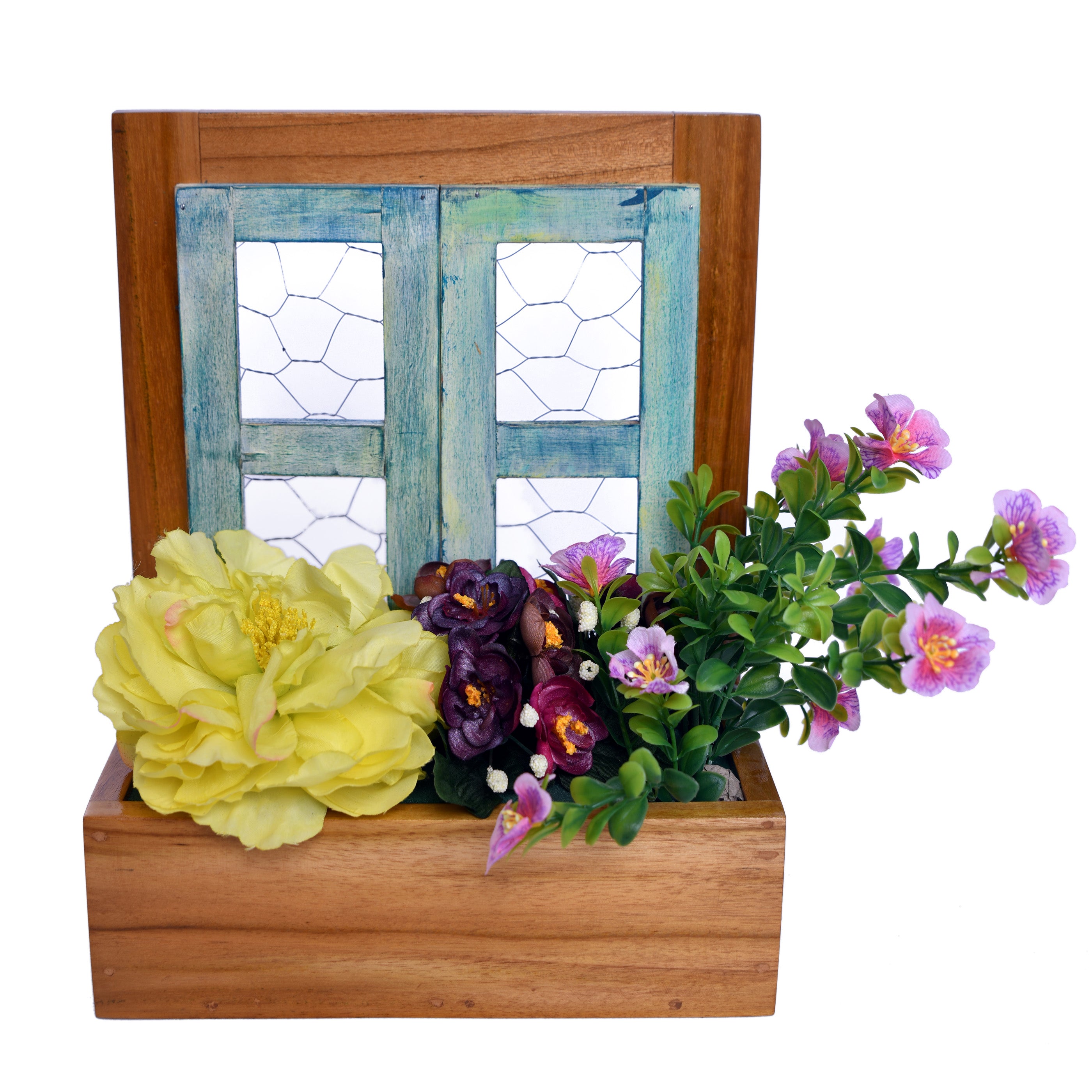 Window Planter with Artificial Flowers Wooden Pot - myBageecha