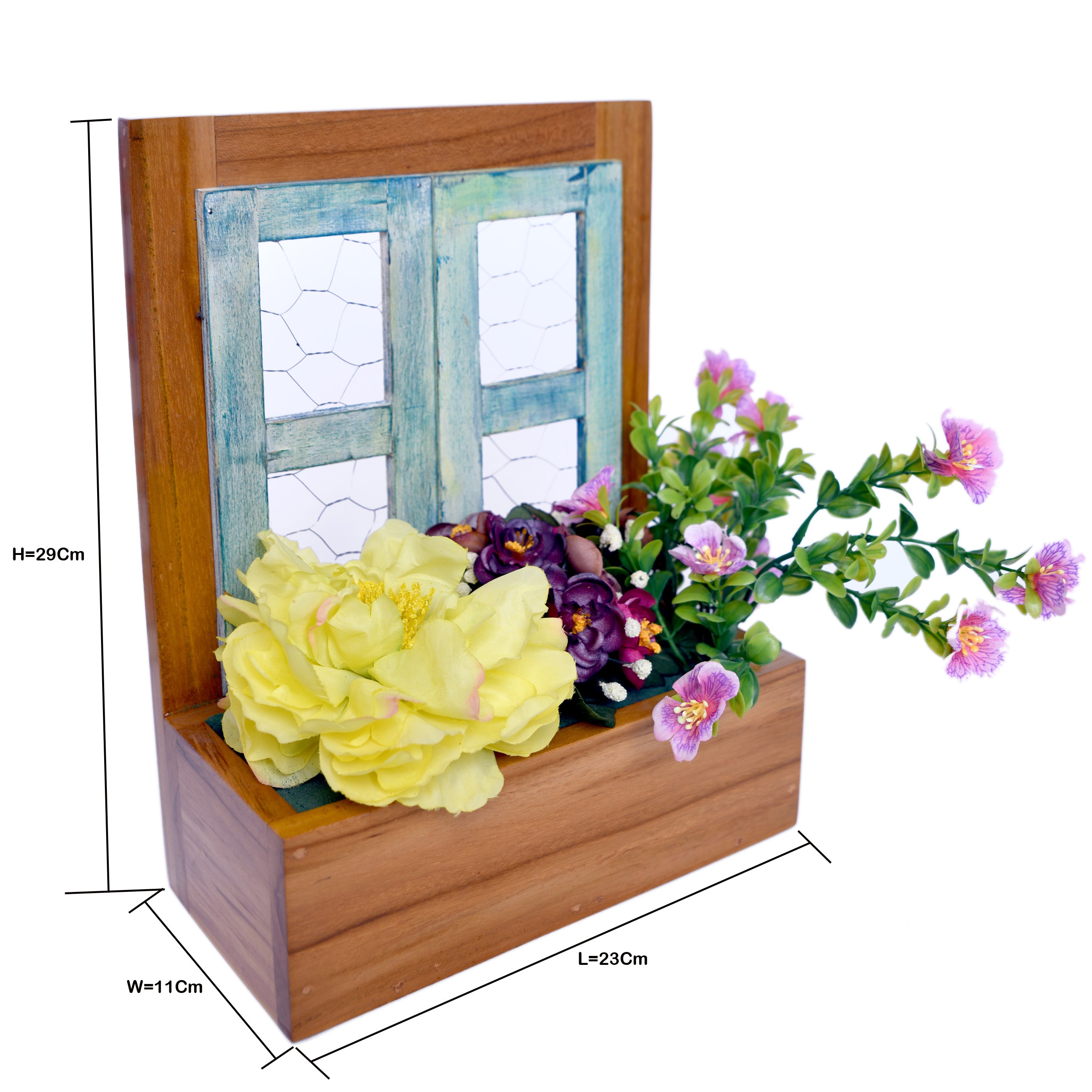 Window Planter with Artificial Flowers Wooden Pot - myBageecha