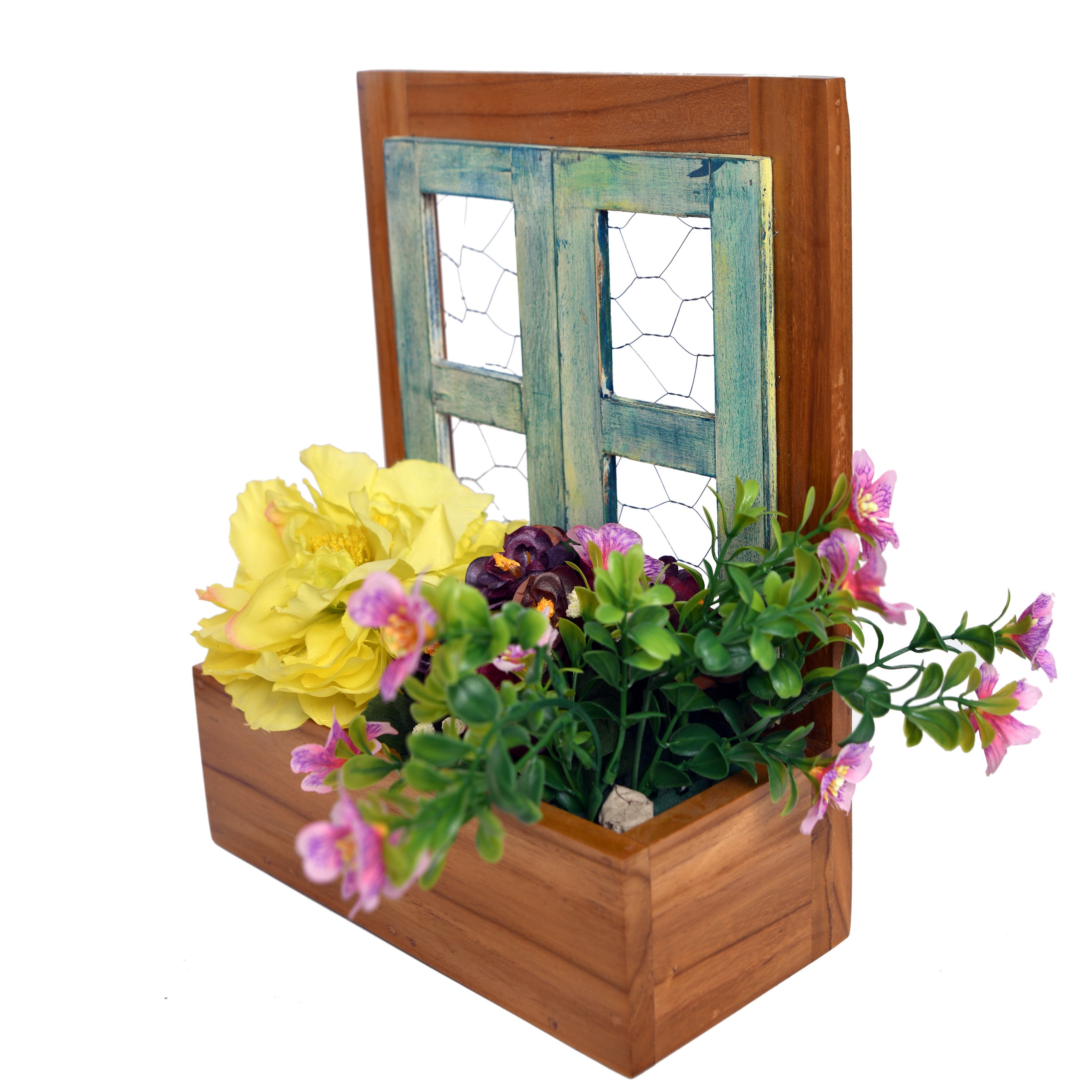 Window Planter with Artificial Flowers Wooden Pot - myBageecha