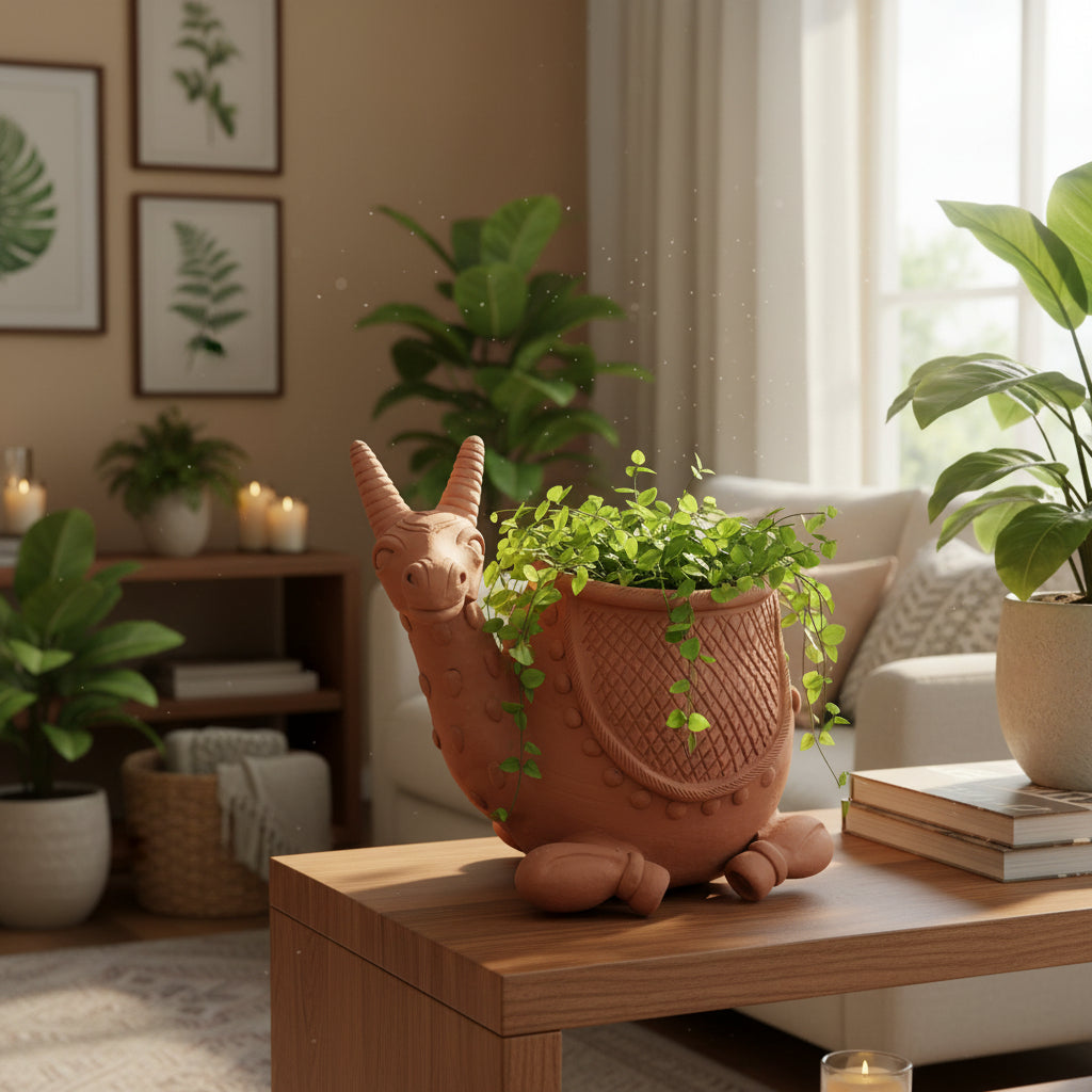 Deer Terracotta Pot with hanging creeper kept on tabletop- myBageecha
