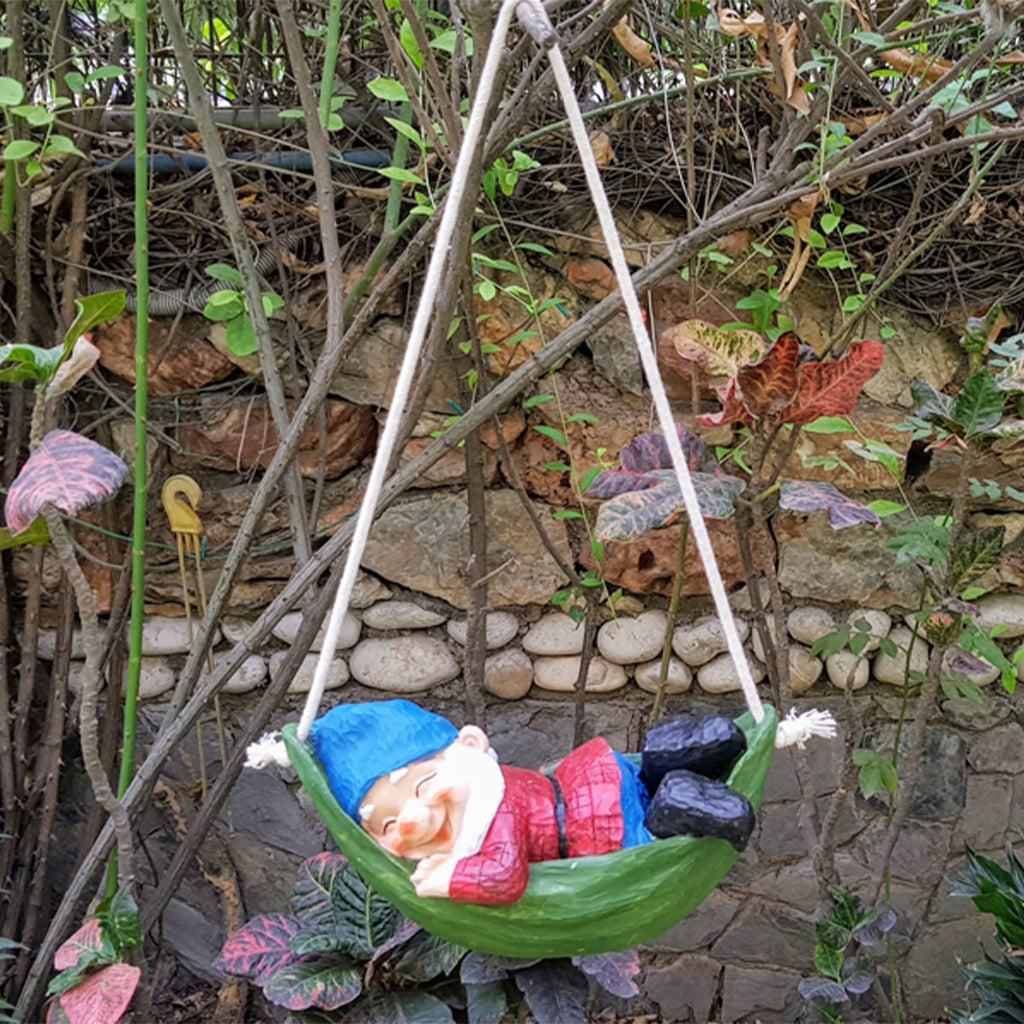 Wonderland Sleeping Gnome on Hammock Garden Decor, Home Decor, Hanging Gnome, Hanging Decor - myBageecha