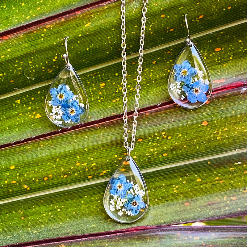 Forget Me Not Real Dried Flower Necklace Set / Earring – myBageecha