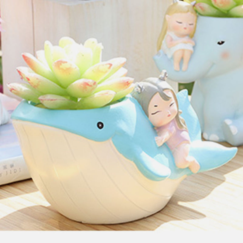 Cute Girl on Whale Resin Succulent Pot