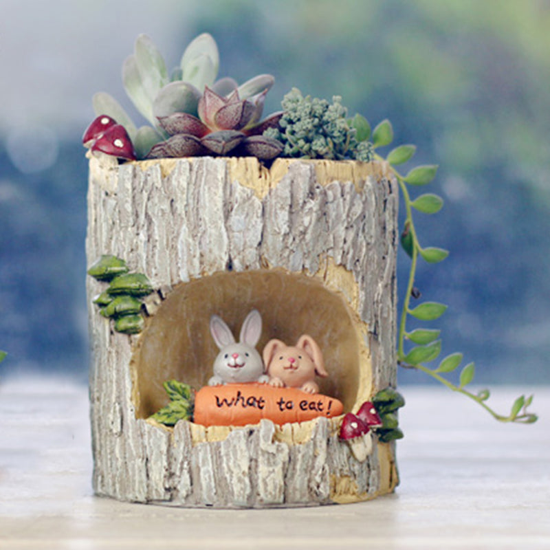 Hungry Rabbits in Treehouse Resin Succulent Pot