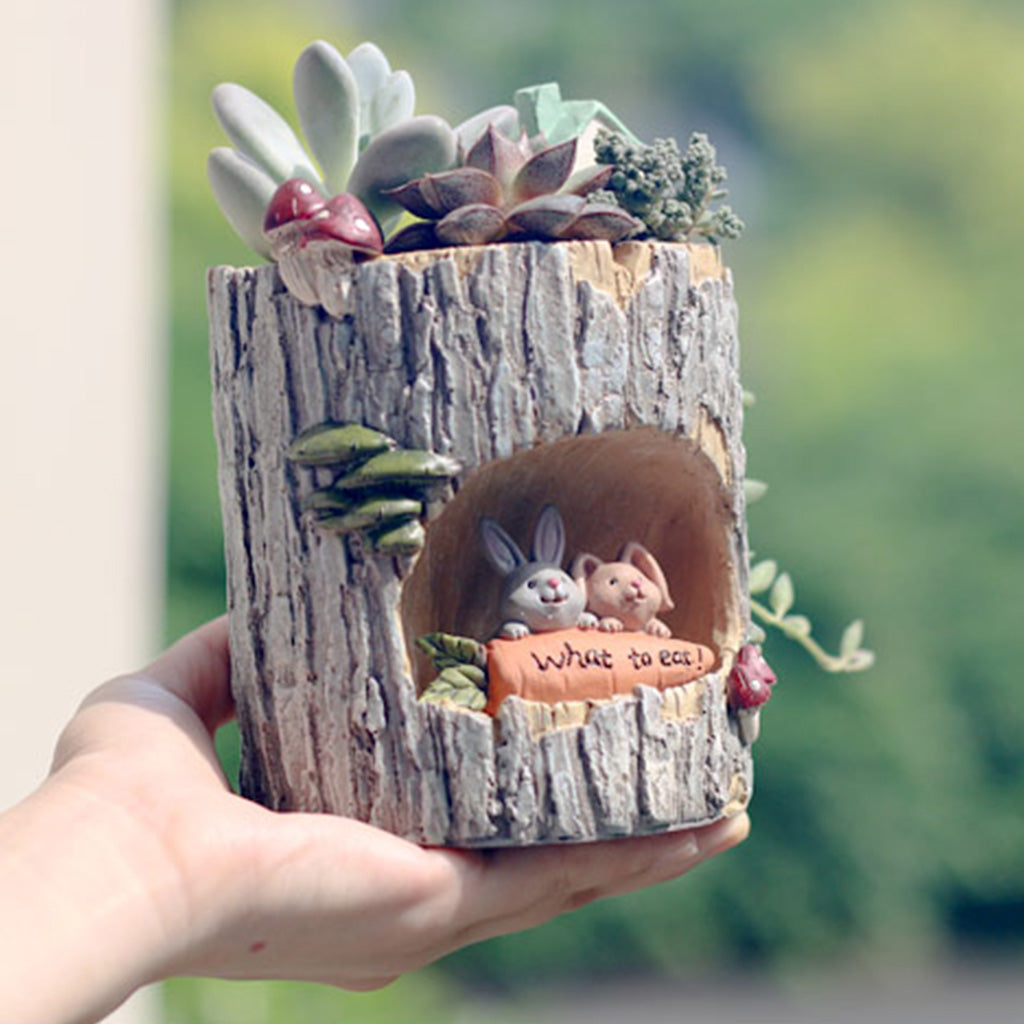 Hungry Rabbits in Treehouse Resin Succulent Pot - myBageecha