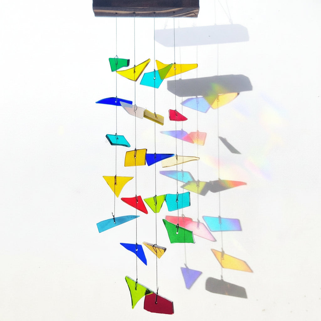 Rainbow Stained Glass Windchime hanging on wall with reflection- myBageecha