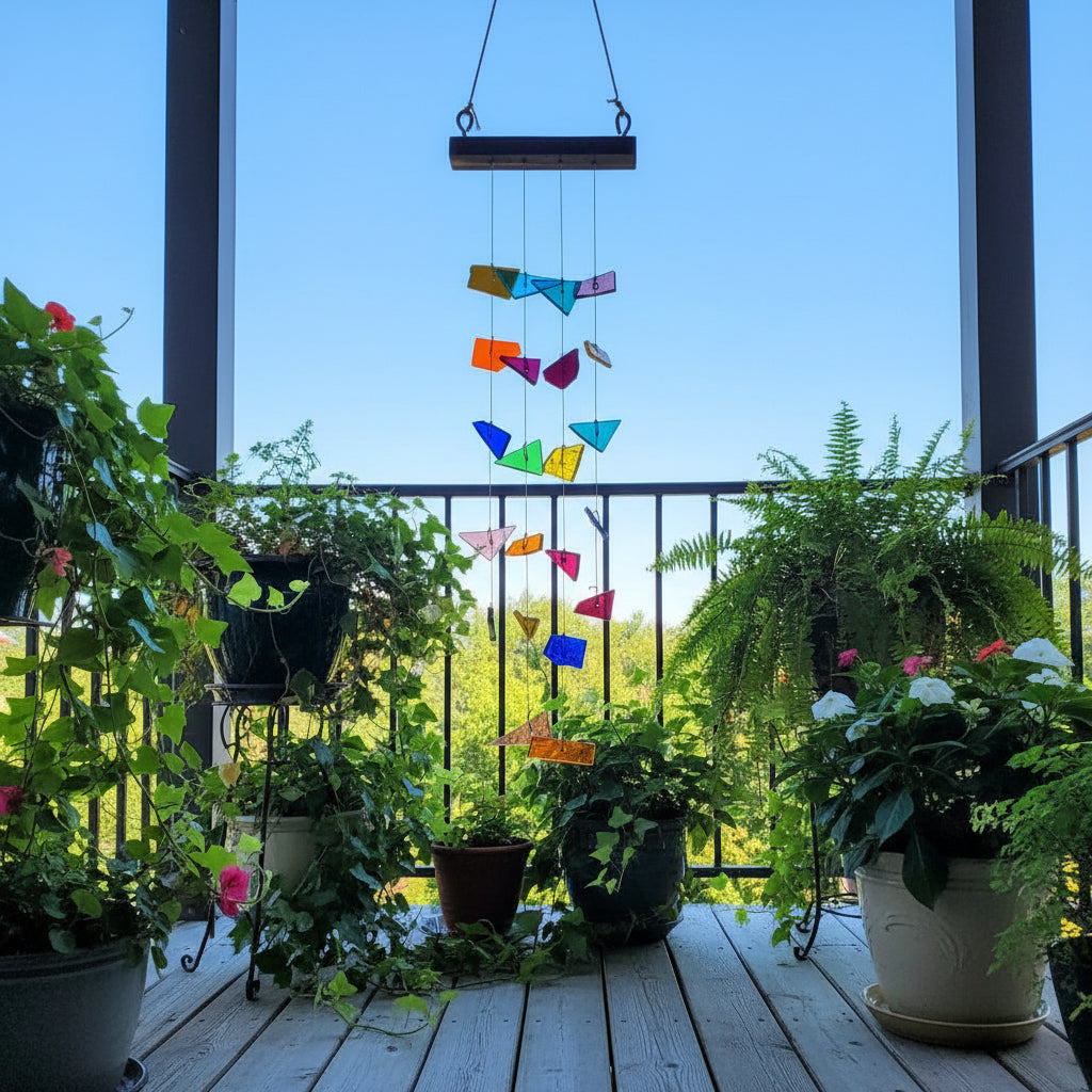 Rainbow Stained Glass Windchime  hanging in balcony with plants- myBageecha