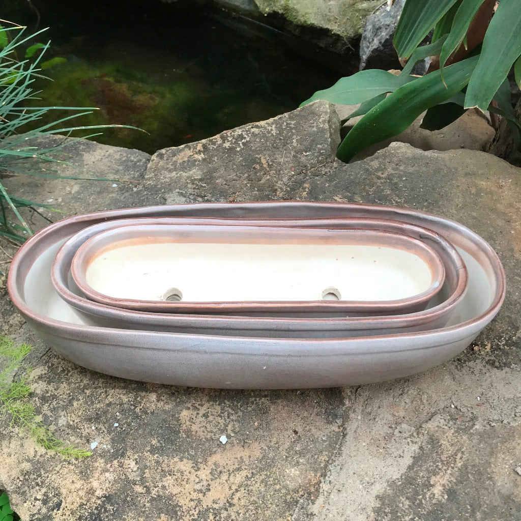 Top view of Set of 3  Chiselled Grey Bonsai Ceramic Tray - myBageecha