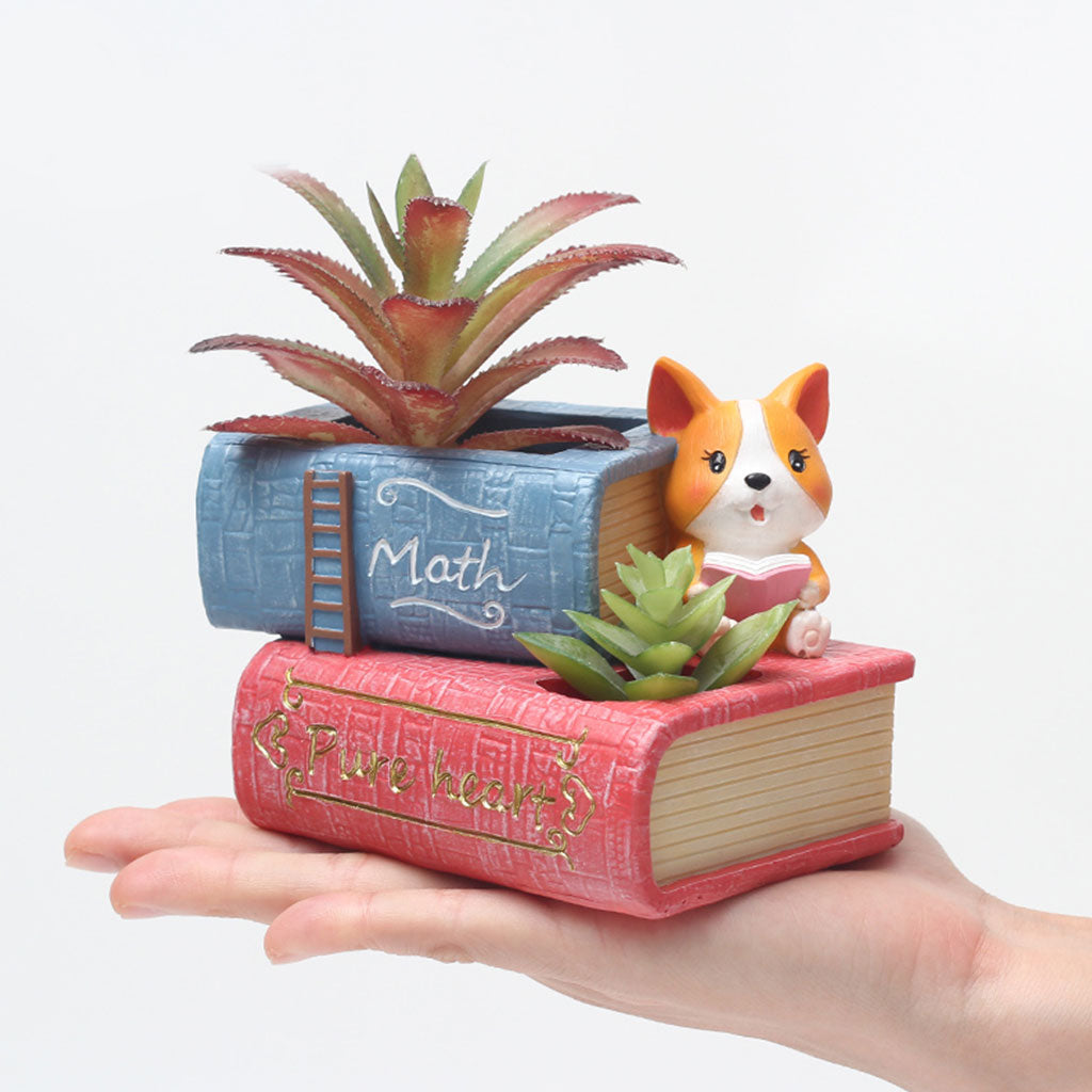 Cute Corgi Dog Reading Book Succulent Pot - myBageecha