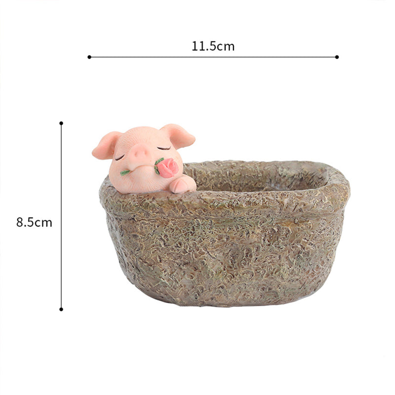 Cute Pig with Rose Resin Succulent Pot