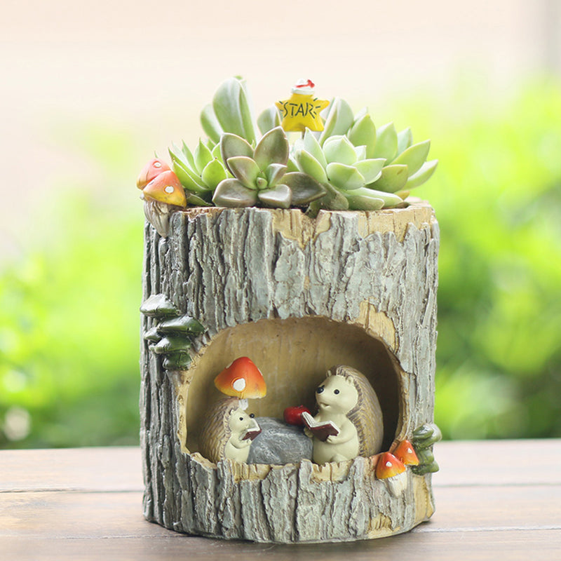 Hedgehog Reading in Treehouse Resin Succulent Pot
