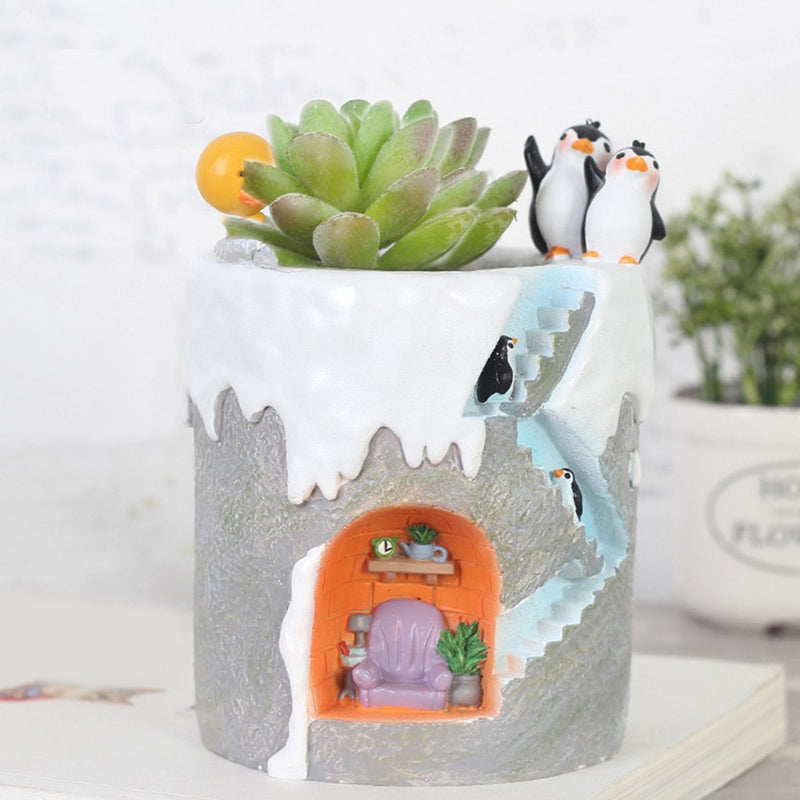 Set Of 2 Cute Penguin Resin succulent Pots With Succulents