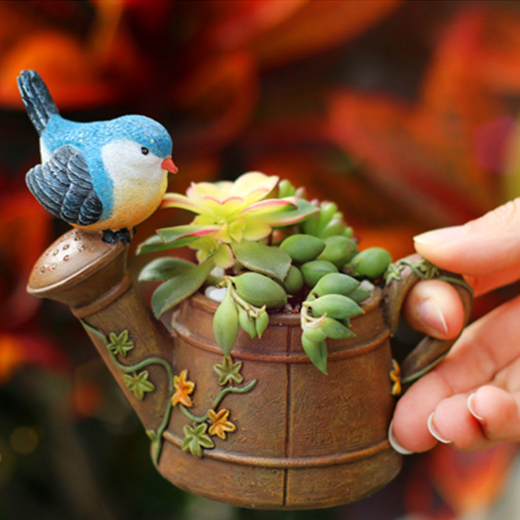 Watering Can With Bird Resin Succulent Pot - myBageecha