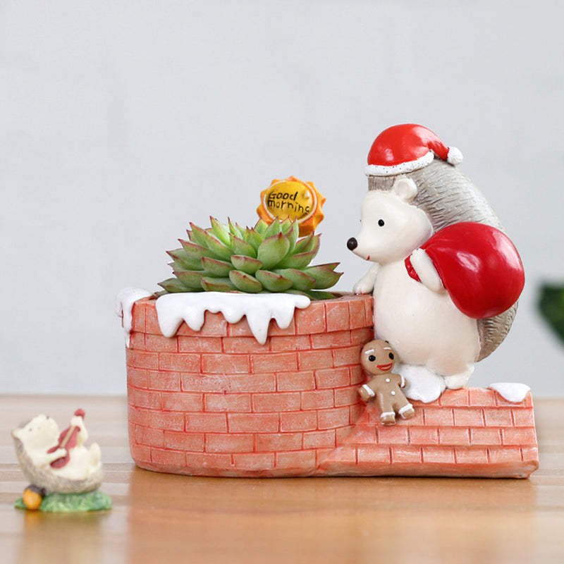 Christmas Hedgehog on Chimney Resin Succulent Pot