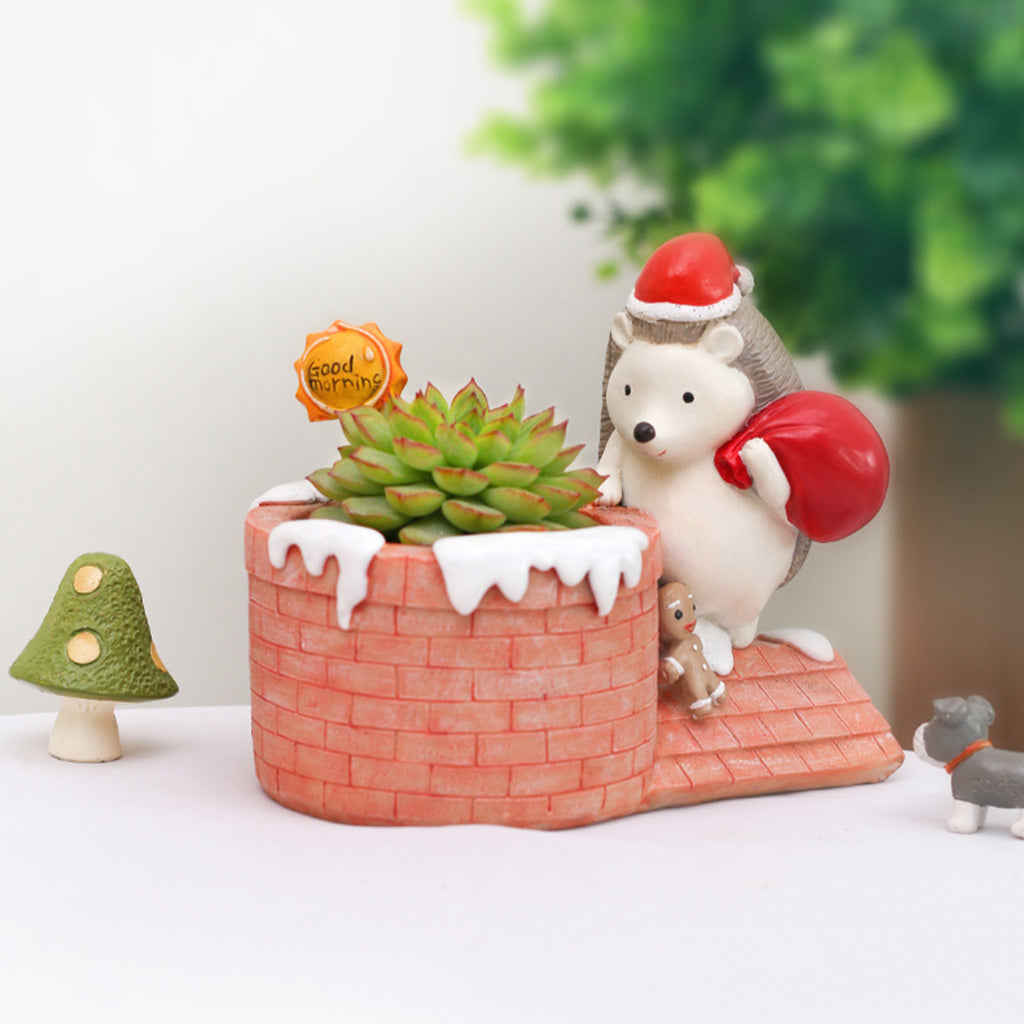 Christmas Hedgehog on Chimney Resin Succulent Pot - myBageecha