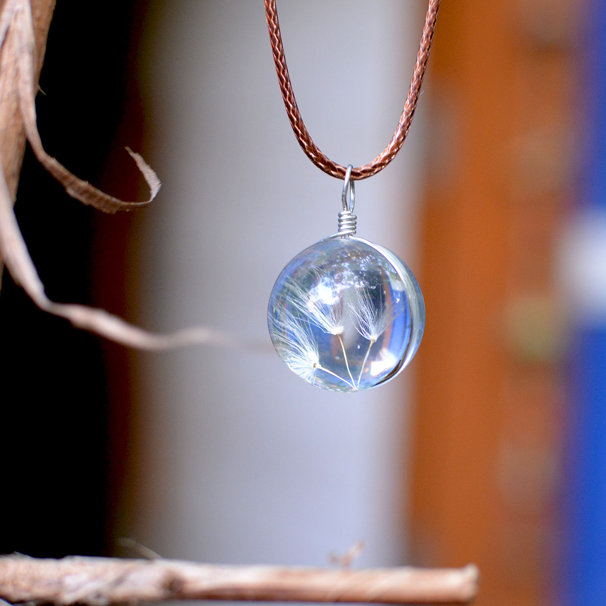 Oval chain •Dandelion• with real dandelions in transparent with online stainless steel