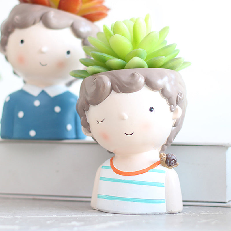 Winking Boy with Snail Resin Succulent Pot