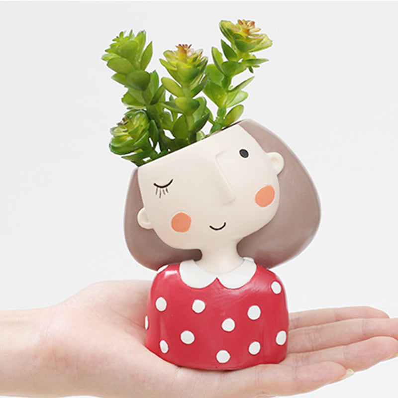 Winking Girl with Polka Resin Succulent Pot